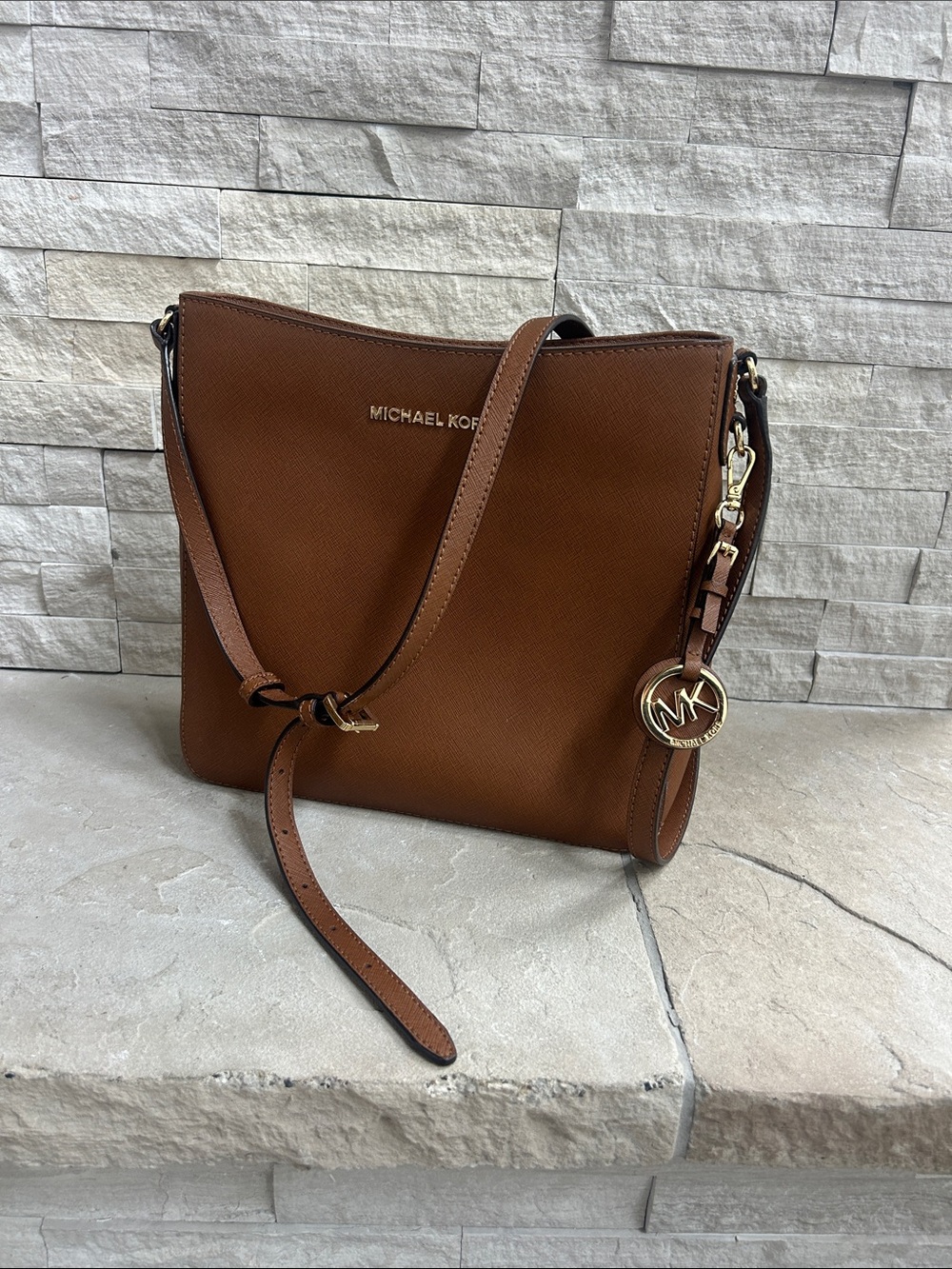 Michael Kors Cognac Saffiano Leather Crossbody Bag with MK Charm